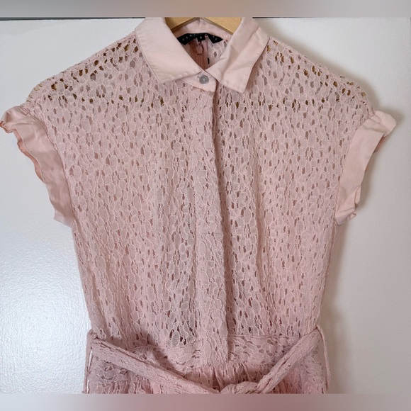 Abbey Glass Pink Lace Midi Dress Small Sheer Belted Collared - Picture 3 of 5